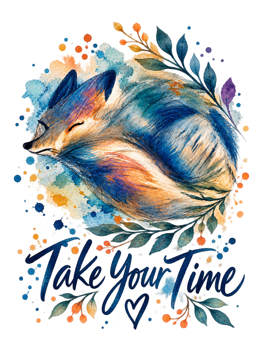 Watercolor sleeping fox with Take Your Time text