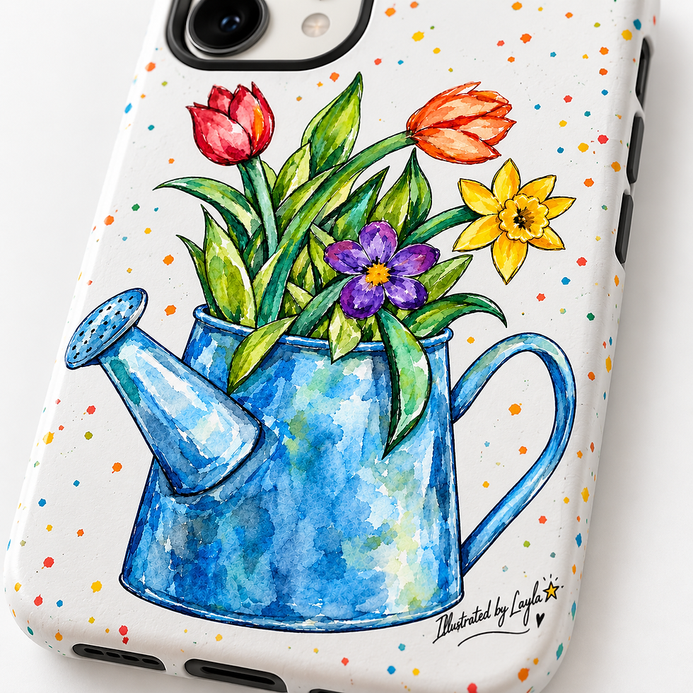 Phone case with floral watering can illustration by Layla