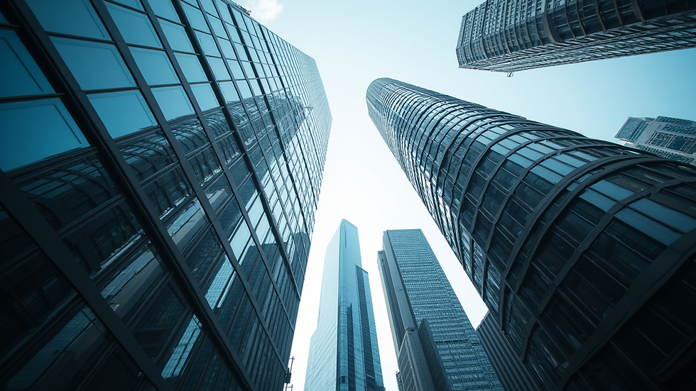 Eye-level view of a futuristic city skyline with towering skyscrapers