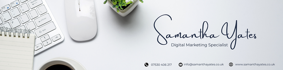 "Samantha Yates personal brand header – black and white LinkedIn-style banner with gold accent logo"