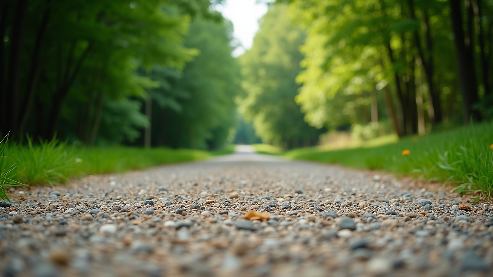 Eye-level view of a gravel driveway with surrounding greenery