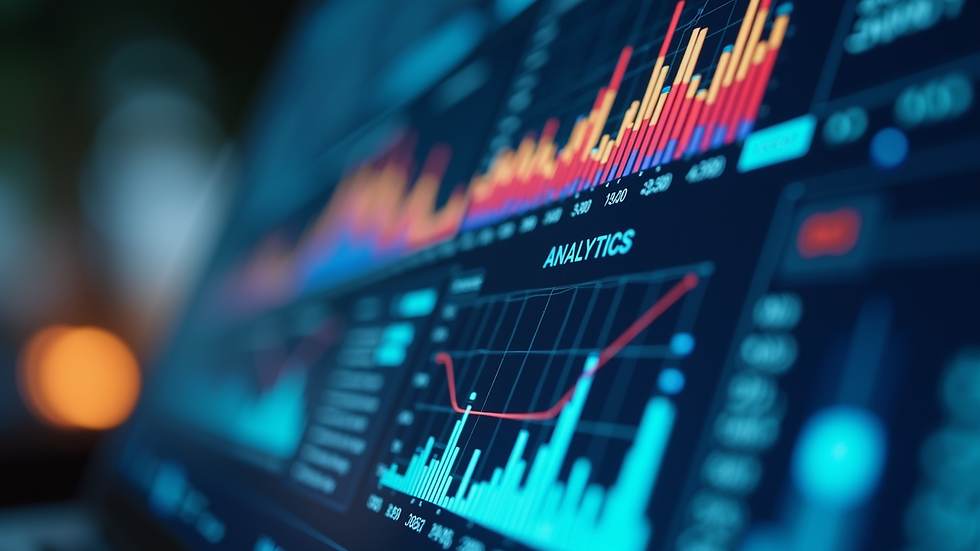 Eye-level view of a digital analytics dashboard with colorful graphs