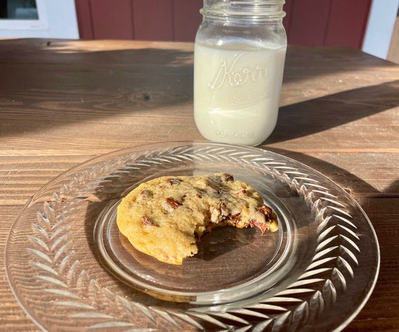 Warm chocolate chip pecan cookie with cold milk. Ahhh!