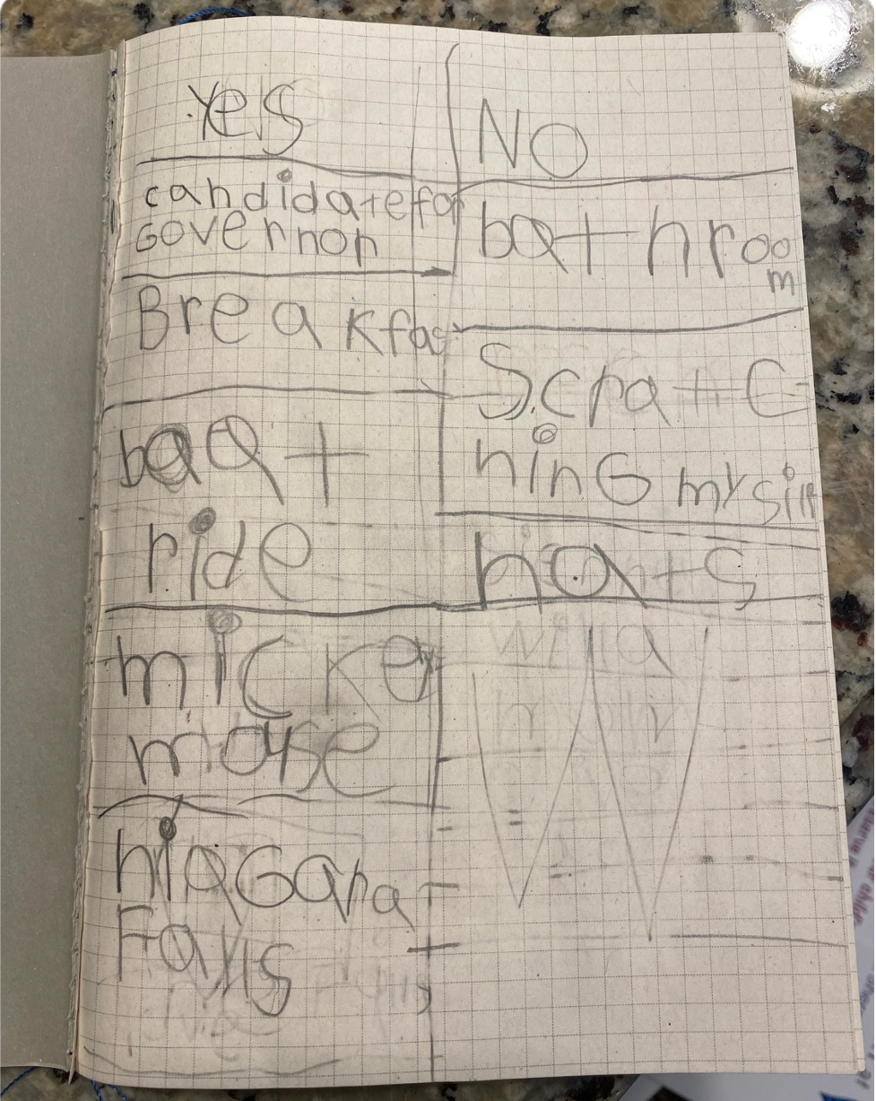 The author’s reporter notepad. On the left are the subjects ripe for discussion; on the right, those not ready for prime time