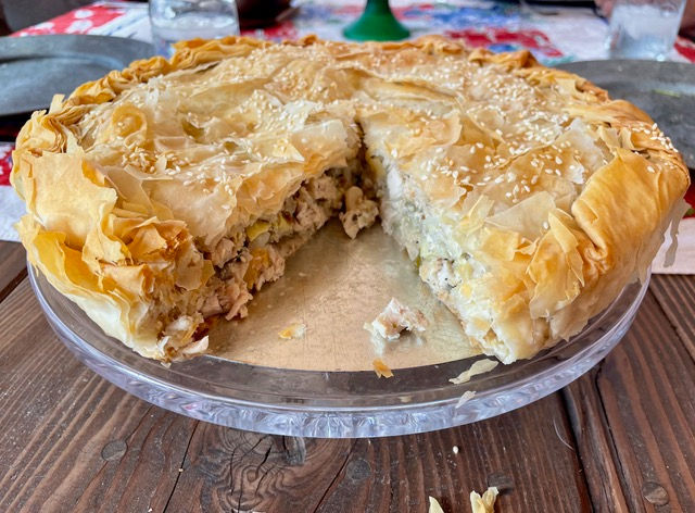 Greek Chicken Pie with Artichokes, made with phyllo dough