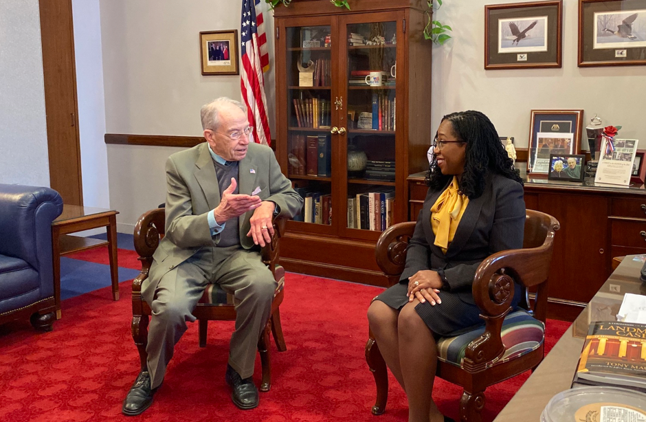 Jackson has been meeting with senators on the left and right preceding her confirmation hearing on March 21st. Above, with staunch conservative Chuck Grassley of Iowa, ranking Republican member of the Judiciary Committee