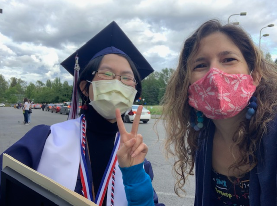 Me with a graduating senior at our drive-through graduation (June, 2020)