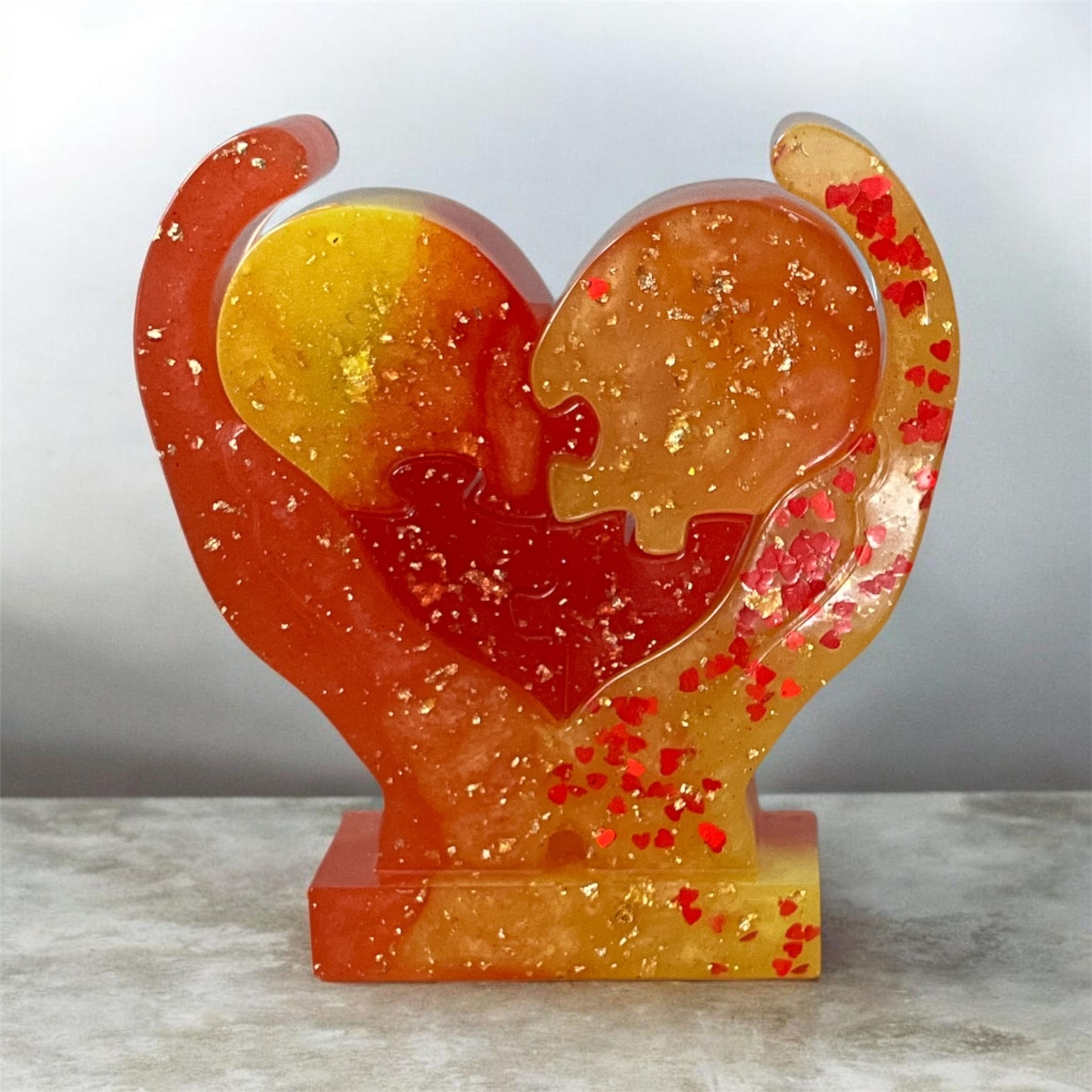 Yellow/Orange Heart with Interlocking Puzzle Pieces - Handmade Resin Keepsake