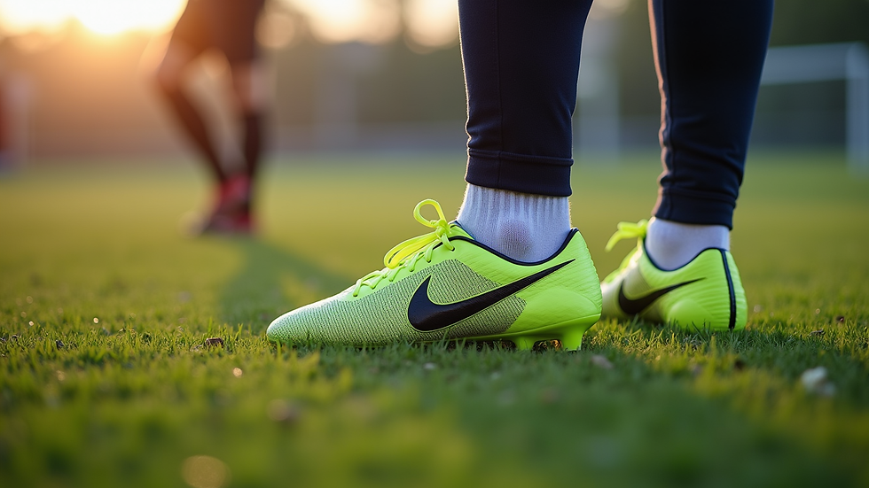 Close-up view of football boots on grass during training