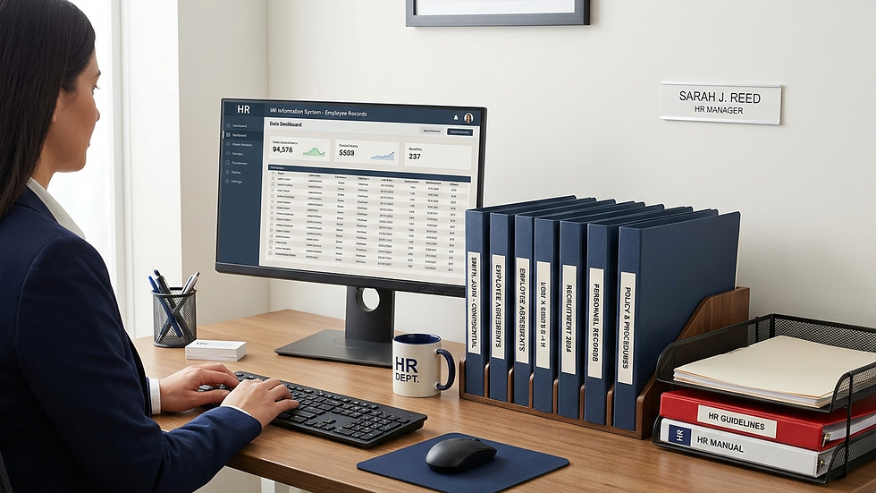 Close-up view of a professional HR office with files and a computer