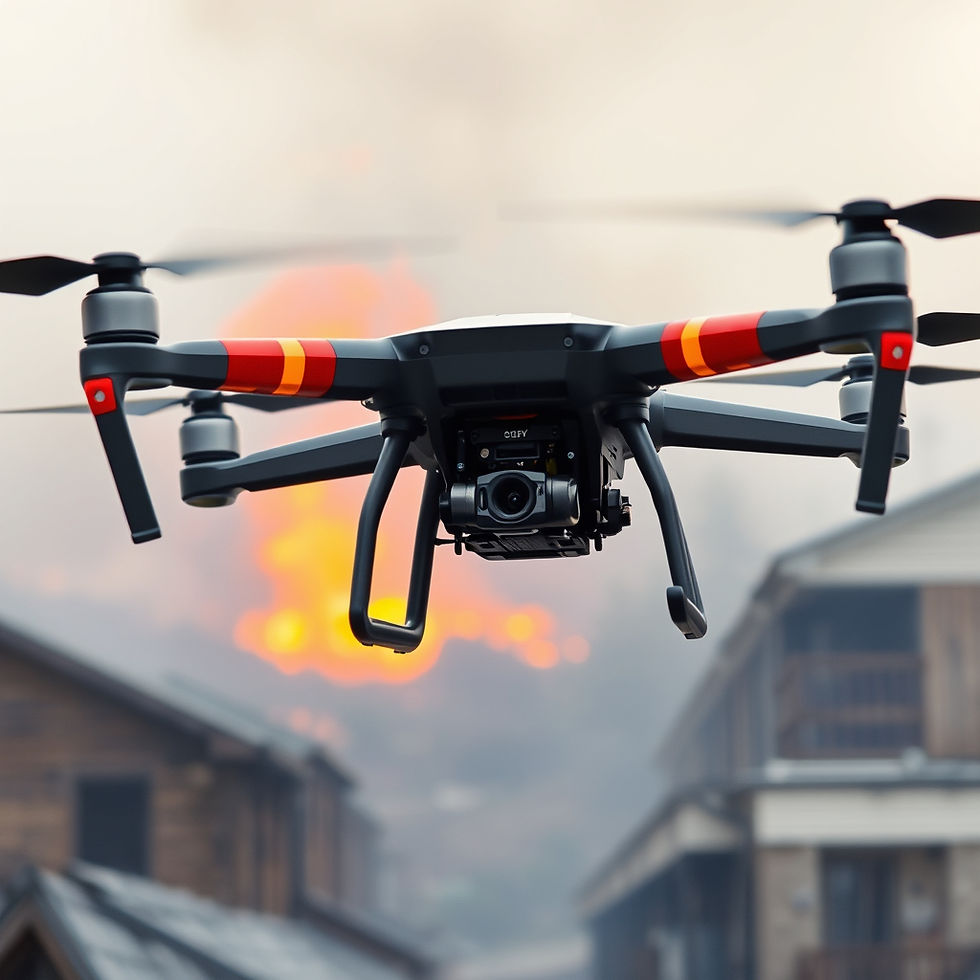 drone being used during a fire fighting operation investigation over burned out buildings.