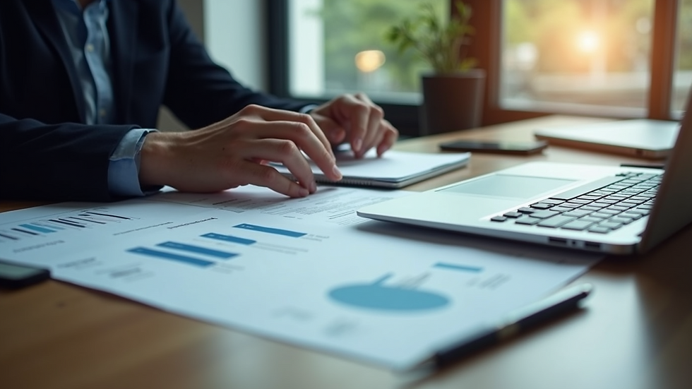 High angle view of a business meeting with a laptop and financial documents