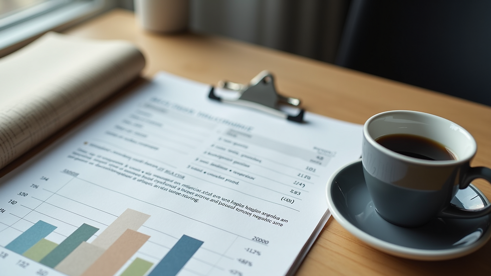 High angle view of a neat workspace with a financial report and coffee cup