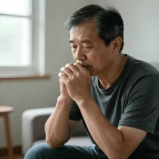 Middle aged Asian man sits quietly, deep in thought about the challenges and emotional weight of caring for an elderly parent.