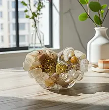 Decorative hands bowl with flowers and greenery on a countertop