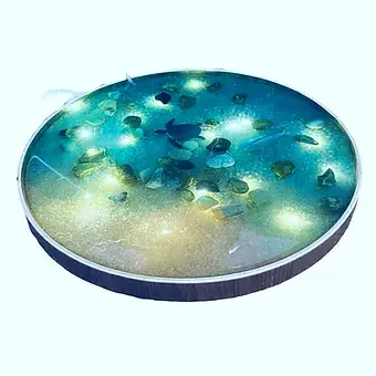 Resin Beach Scene Wooden Led Round Table Top, With Artificial Sealife, Rocks and Sand, Tilted Side View