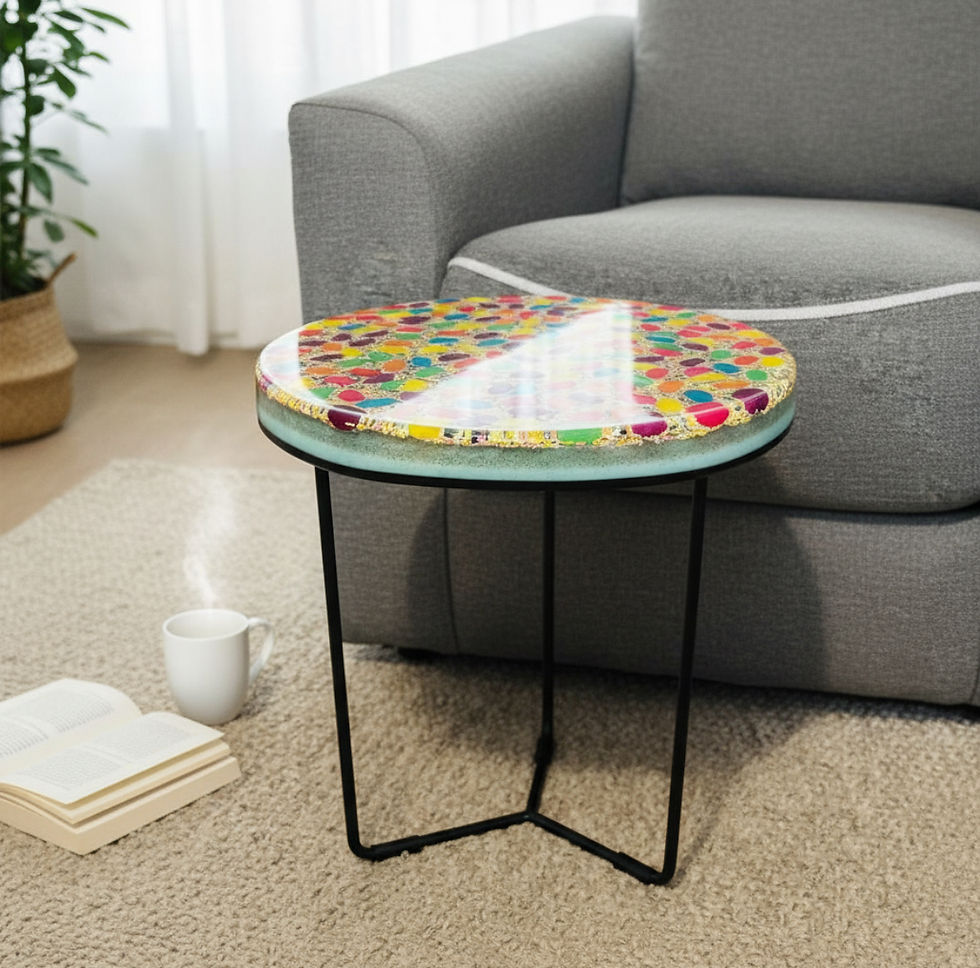 Colorful printed Resin Jellybean Side Coffee Table, cup and book near couch