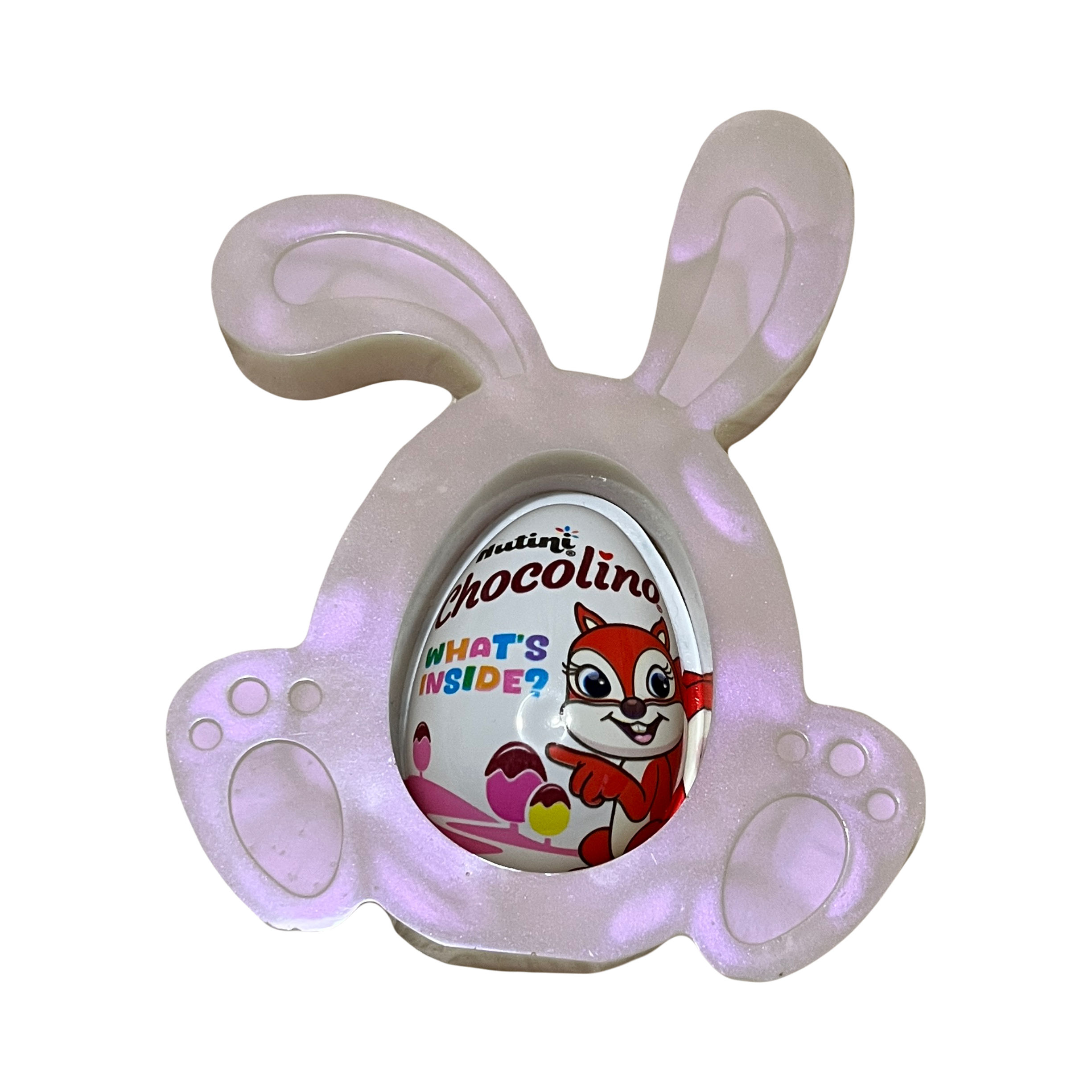 Light pink glowing bunny frame holds Kinder egg Chocolino, Happy Easter.