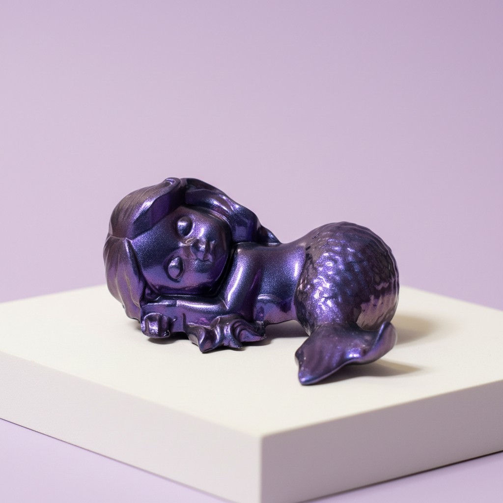 Small metallic purple mermaid figurine lying on a white block, light background.