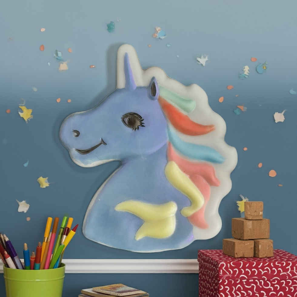 Purple unicorn head resin decor on a wall with colorful details and boxes.