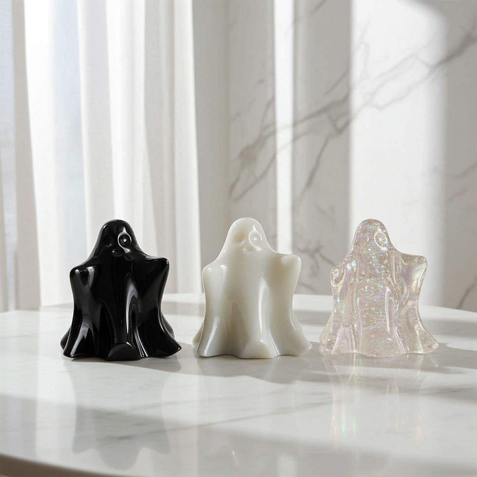 Three resin ghost ornaments, black, white, and pink, on a marble surface