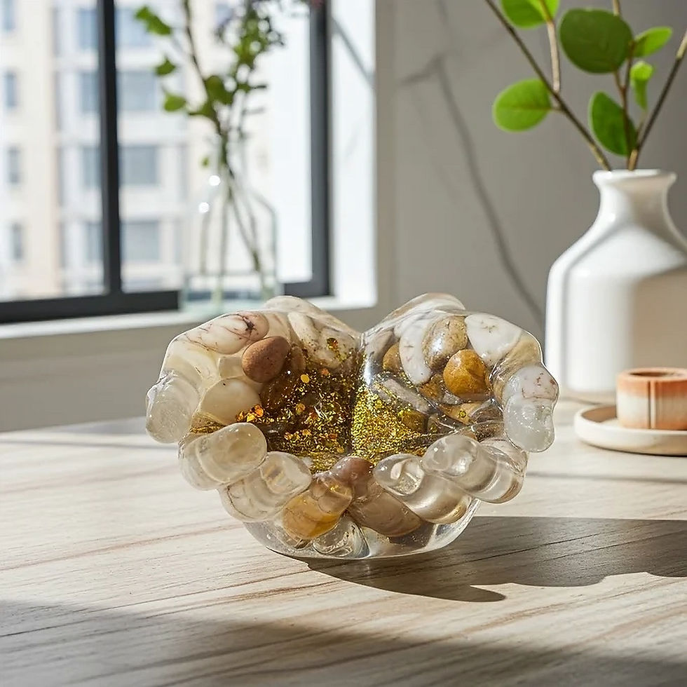 Clear decorative resin bowl with stones, crystals on wooden table.