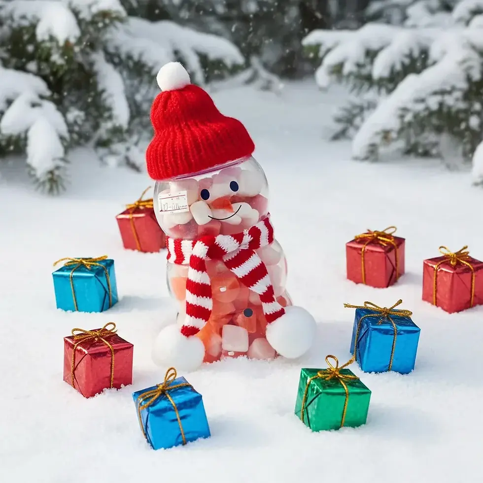 Snowman jar with hat and scarf with heart wax melts inside in the snow with presents, tilted view