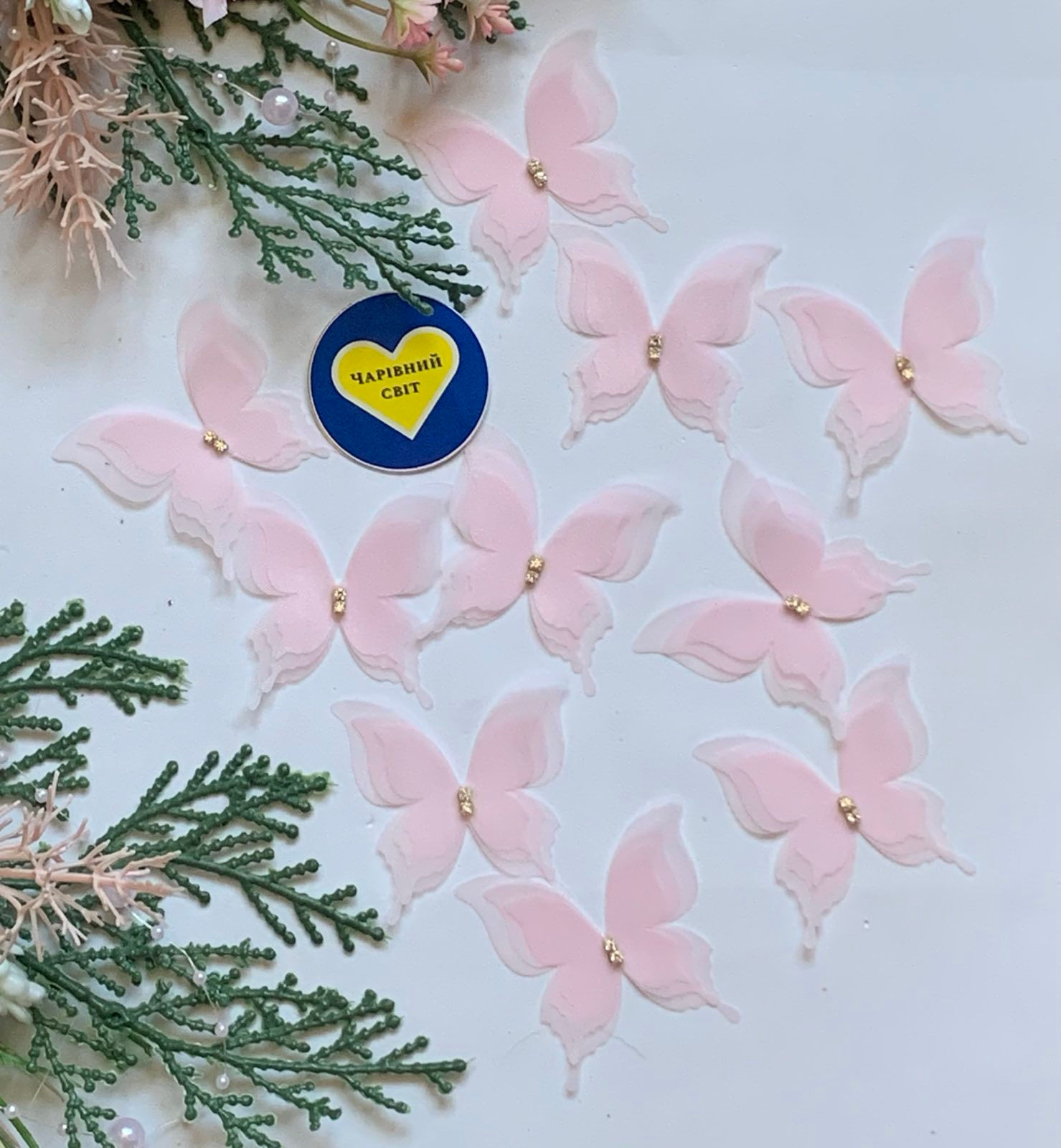 Набір 10шт метелик шифоновий колір рожевий розмір 5см-4.5см 