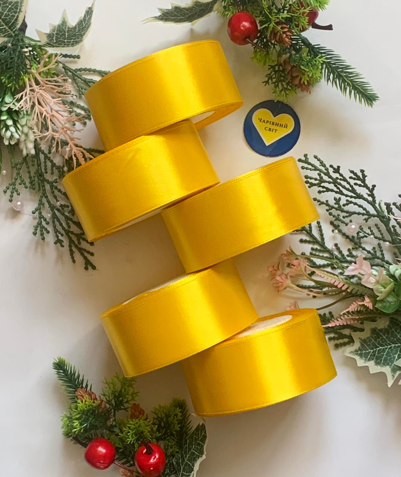 Стрічка атласна 4см колір насичений жовтий ,рулон 23м 