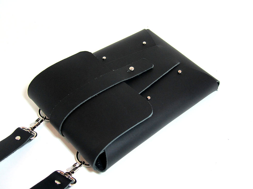 Thumbnail: Leather cross body bag with origami construction and metal studs in black