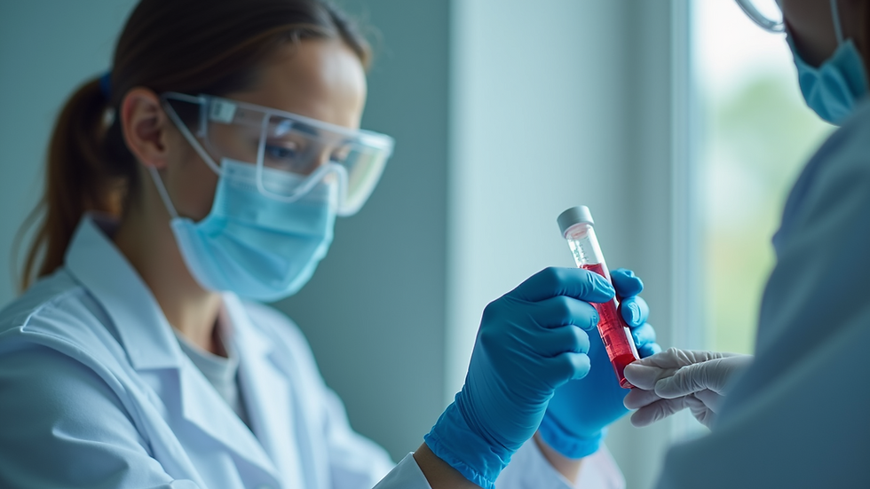 Close-up view of a lab technician preparing a blood sample for testing