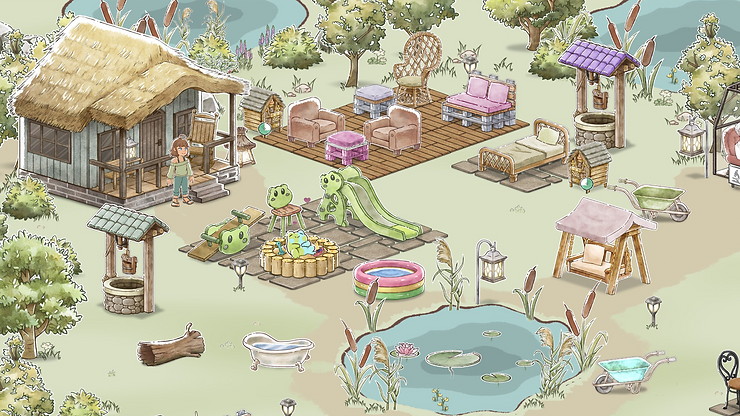 A screenshot from the game Kamaeru: A Frog Refuge. In a soft but detailed hand-drawn style, a woman stands out front of a house surrounded by all kinds of furniture placed for frogs' entertainment and comfort, surrounded by wetlands areas.