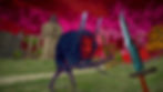 A screenshot from Dread Delusion. In a low-poly PS1 style, a strange monster that looks like a dark mass with thin legs and a red mask walks across a landscape with grass, a path, and a castle in the background. There's a sword in front of it.