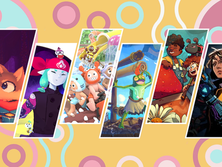 A collage of vertical slice shaped images from the six games mentioned in the article: Ornament Tower, Taste of Heaven, Lazy River, Jigrift, Fourleaf Fields, and Tempus Vitae. There's a colorful Day of the Devs branded patterned background behind them.