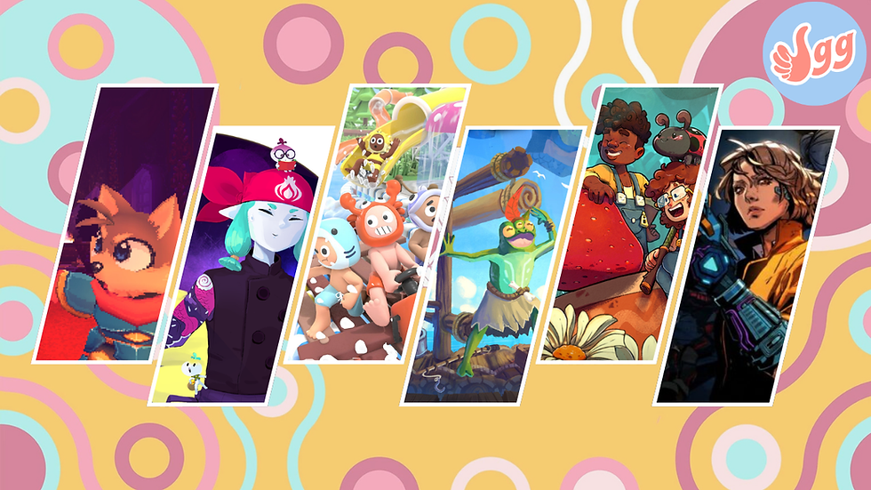 A collage of vertical slice shaped images from the six games mentioned in the article: Ornament Tower, Taste of Heaven, Lazy River, Jigrift, Fourleaf Fields, and Tempus Vitae. There's a colorful Day of the Devs branded patterned background behind them.