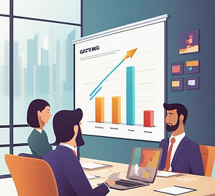 a sales graph showing growth over time on a screen in a meeting room with a few business p