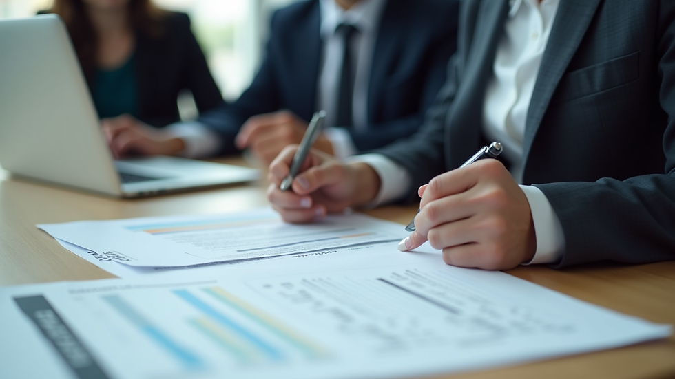 Close-up view of a business meeting discussing financial documents