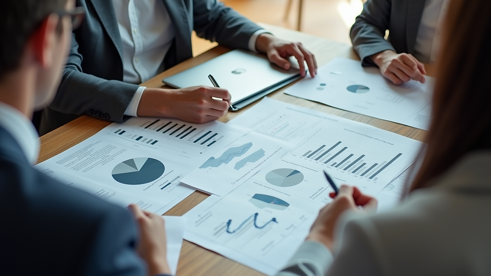 High angle view of business meeting with charts and laptops