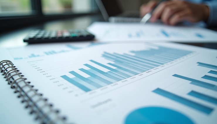 Vista frontal de documentos financieros con gráficos y cálculos