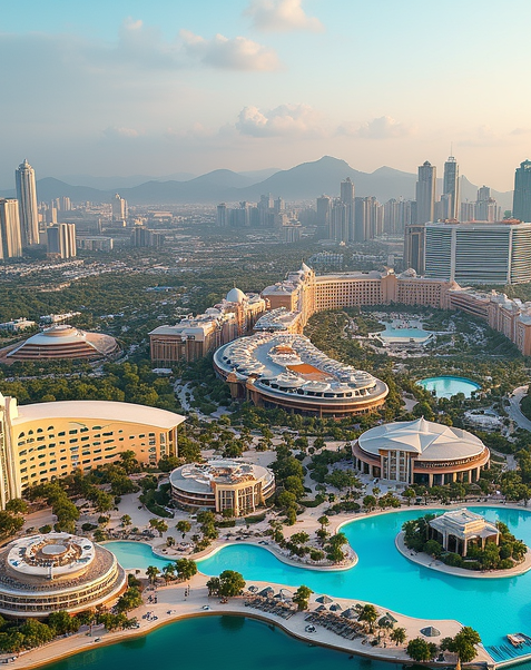 A breathtaking aerial view showcasing a vast, integrated entertainment complex with a them