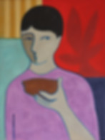 Semi-abstract figure holding a bowl, blue outline, lilac shirt, red background with leaf shadow, acrylic painting