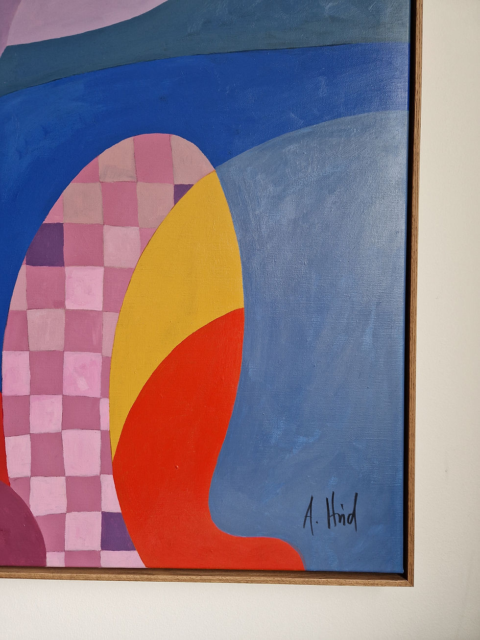 Thumbnail: Blue-toned figure, eyes closed, arms raised outward, pink checkerboard leg, bold purple red pink forms, acrylic on canvas