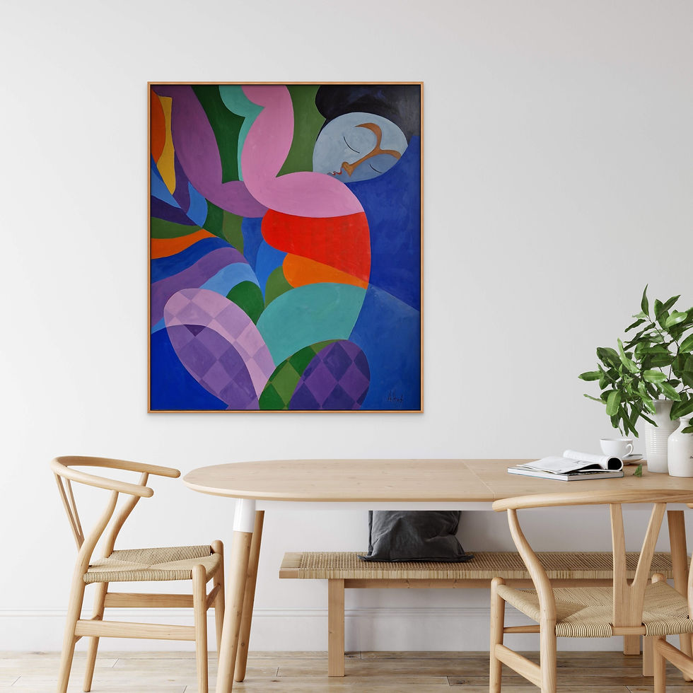 Blue-toned figure reclined, eyes closed, swirling pink red green teal forms, diamond-patterned legs, deep blue background, ac
