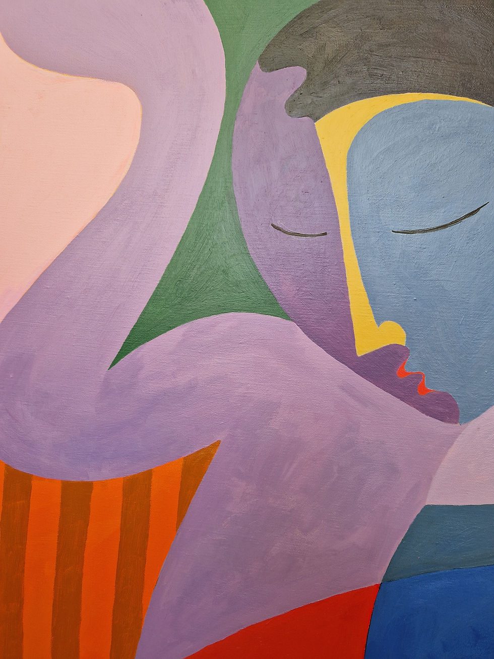 Thumbnail: Blue-toned figure, eyes closed, arms raised outward, pink checkerboard leg, bold purple red pink forms, acrylic on canvas