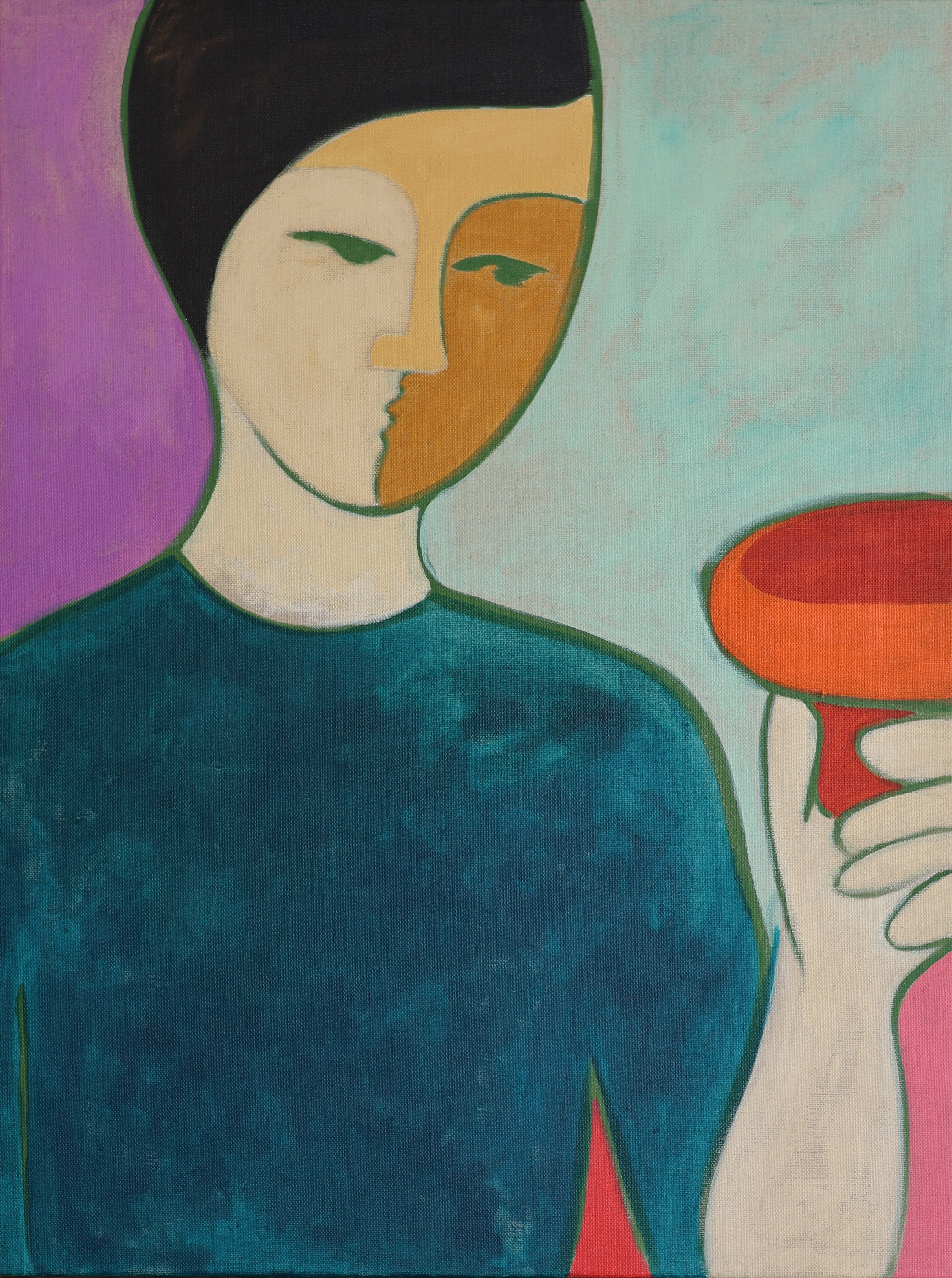 Semi-abstract figure with divided face holding a red cup, teal top, lavender and mint background, acrylic on canvas