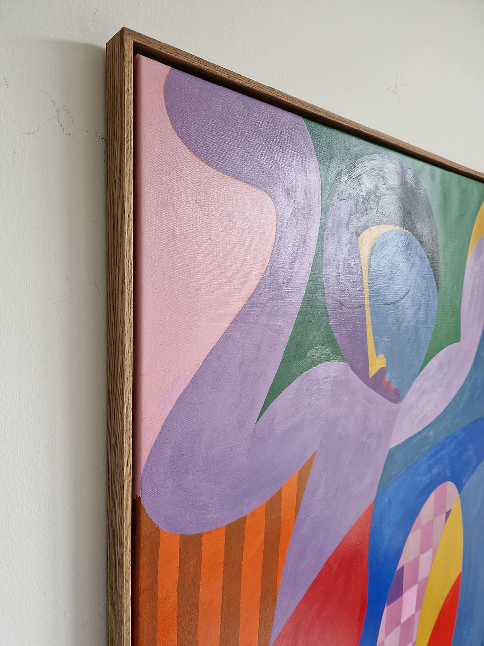 Thumbnail: Blue-toned figure, eyes closed, arms raised outward, pink checkerboard leg, bold purple red pink forms, acrylic on canvas