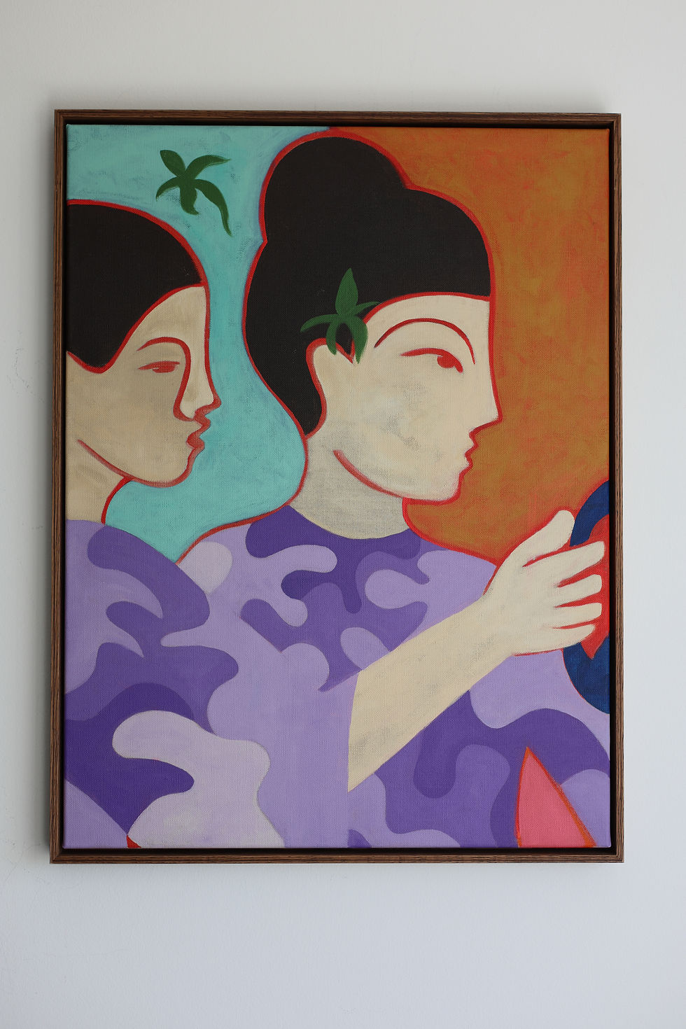Thumbnail: Semi-abstract painting of two figures in profile, red outline, purple tones, teal and orange background, acrylic on canvas