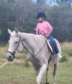 young female student being lounged on lesson horse