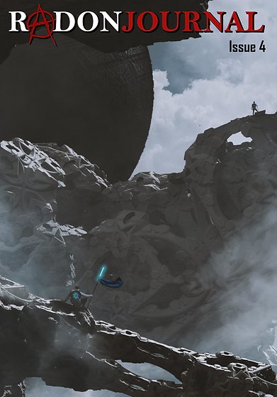 A pair of human explorers on a planet's moon look out over its destroyed surface, and up at the close-by planet.