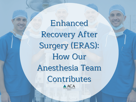 A square medical-themed cushion featuring a group of four surgeons in blue scrubs and the text Enhanced Recovery After Surgery How Our Anesthesia Team Contributes with a logo at the bottom.
